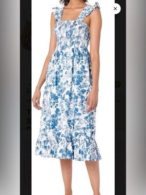 Smocked Square-Neck Blue Floral Midi Dress - Women